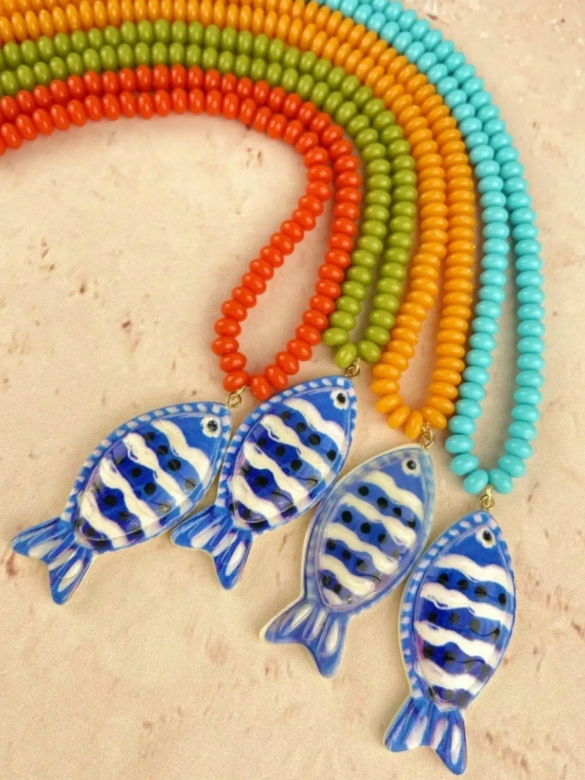 ZA Women's Handpainted Fish Pendant Beaded Necklace, Boho Necklaces, Multicolor Bohemian Ocean Style, Summer Beach.