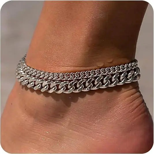 TEWIKY Women's Elegant Fashion Chic Adjustable Gold Anklet Chain - Dainty Layered Waterproof Figaro Beaded Cuban Link Trendy Jewelry Anklets for Women Summer Beach