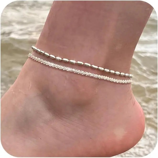 TEWIKY Dainty Layered Waterproof Anklet For Women Adjustable Womens Anklet Set Stackable Figaro Beaded Cuban Link Anklets Daily Clothing Decor For Beach Summer Trendy All-match & Exquisite Jewelry For Valentine's Day gifts