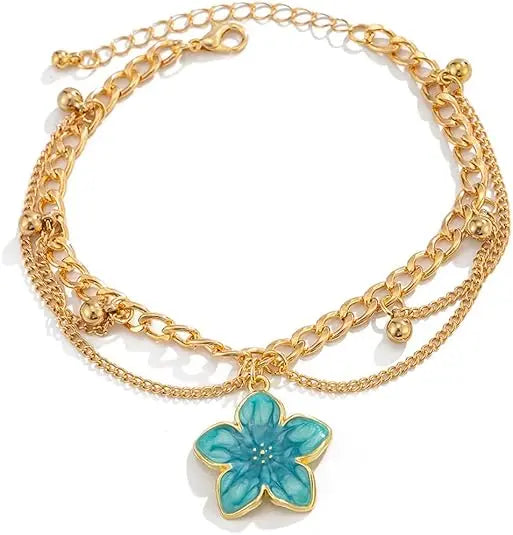 Fashion Layered Flower Charm Anklet for Women Golden Cuban Link Chain Tassel Waterproof Ankle Bracelet Adjustable Beach Vacation Foot Jewelry Summer Accessories