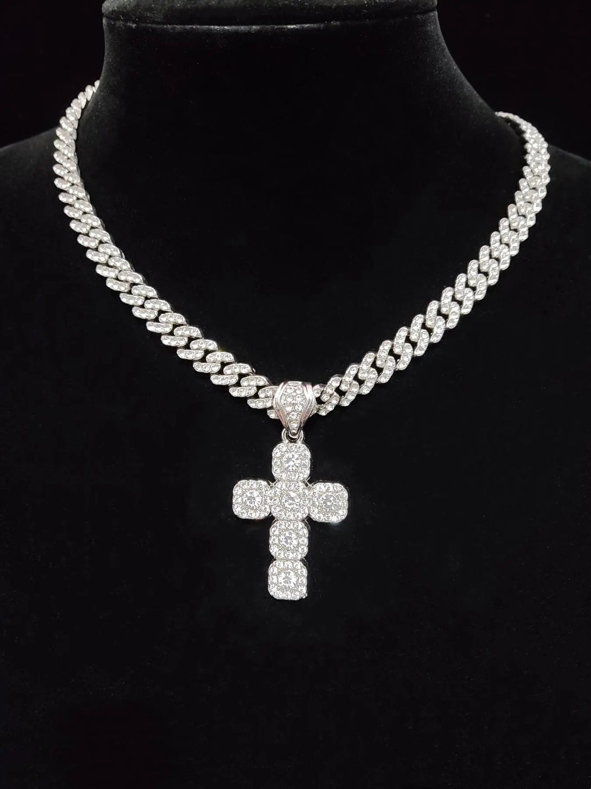 Fashion Cross Design Pendant Fully Rhinestone-Decorated Cuban Link Chain Necklace, Unisex Casual Jewelry for Party and Daily Wear