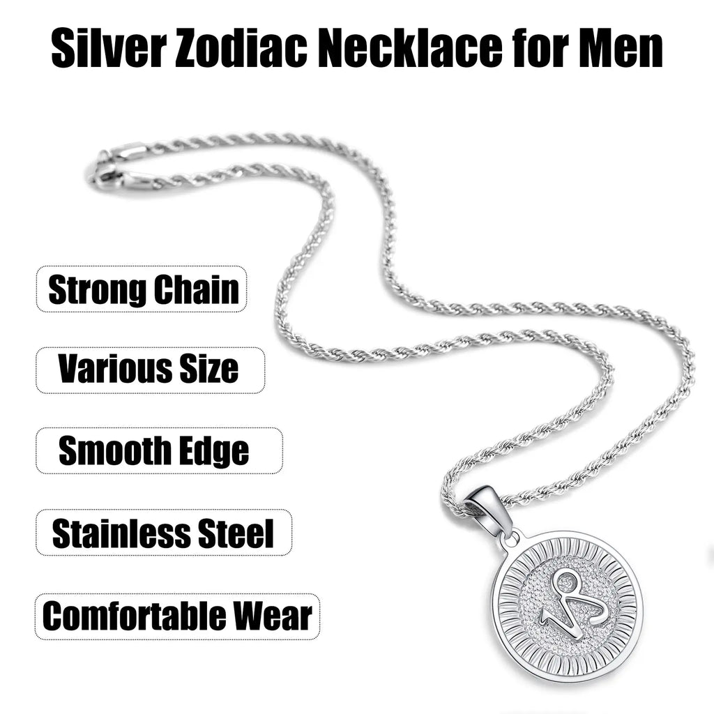 Silver Zodiac Necklace for Men and Women, Stainless Steel Zodiac Pendant Necklace for Women Christmas Gift