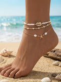 Boho Pearl Shell Pendant Anklet Set, Elastic Multi-Layer Beach Vacation Jewelry, Dainty Layered Anklet, Perfect Gift for Parties and Daily Wear, Foot Jewelry, Jewellery Accessories