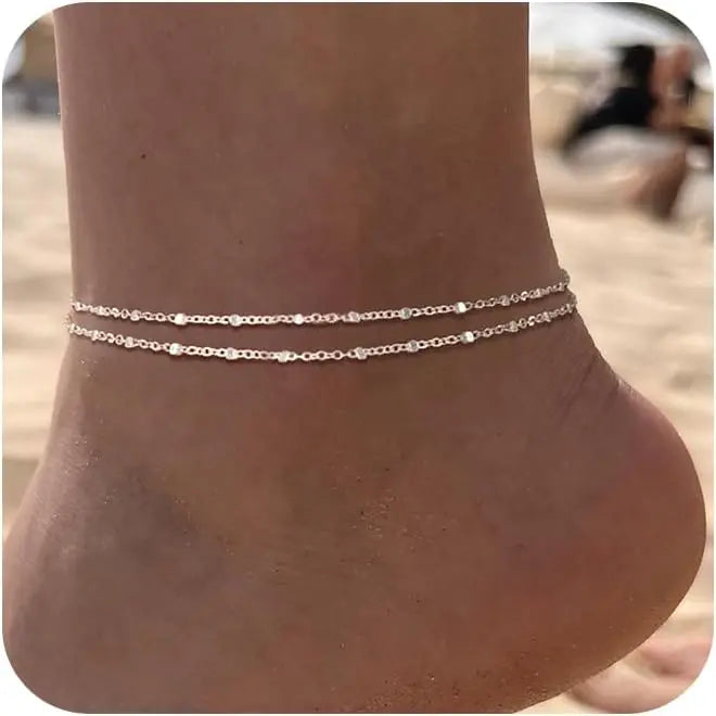 TEWIKY Dainty Layered Waterproof Anklet For Women Adjustable Womens Anklet Set Stackable Figaro Beaded Cuban Link Anklets Daily Clothing Decor For Beach Summer Trendy All-match & Exquisite Jewelry For Valentine's Day gifts