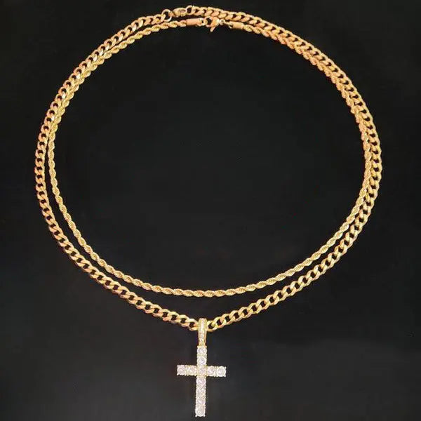Men's Stainless Steel Double Cuban Link Chain Necklace - Iced Out Chunky Chain Jewelry, Double Layer Cross Clavicle Ornament, Hip-Hop Style Concert Accessory with High Quality Look