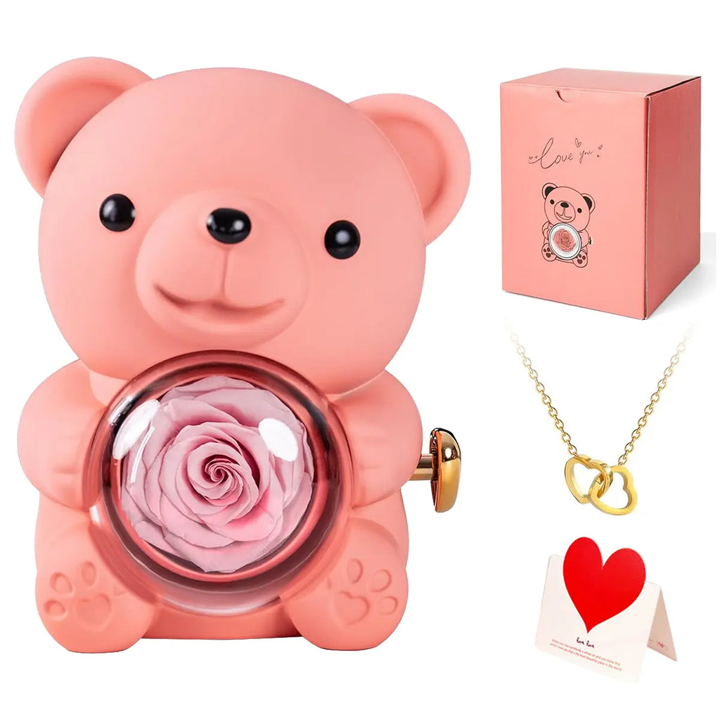【Necklace Included】Cute Teddy Bear with Preserved Rose & Adorable Stuffed Bouquet - Personalized Present with Gift Box Design - Customizable Anniversary Gifts for Her Festive Party Supply Customizable Gift Gift Box Set,sohochic