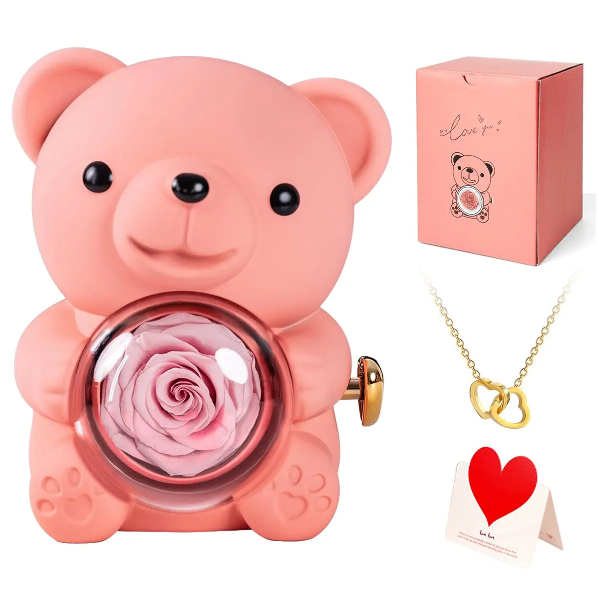 【Necklace Included】Cute Teddy Bear with Preserved Rose & Adorable Stuffed Bouquet - Personalized Present with Gift Box Design - Customizable Anniversary Gifts for Her Festive Party Supply Customizable Gift Gift Box Set,sohochic