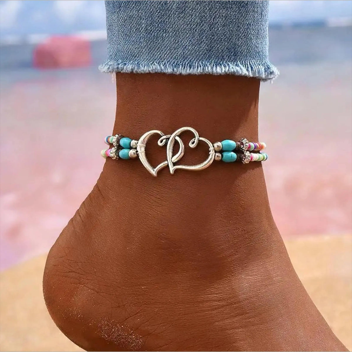 Female 3-Piece Boho Charm Anklets - Multi-Layered Beaded Heart Alloy Jewelry, Leisure & Outdoor Accessory for Summer Beach Vacation