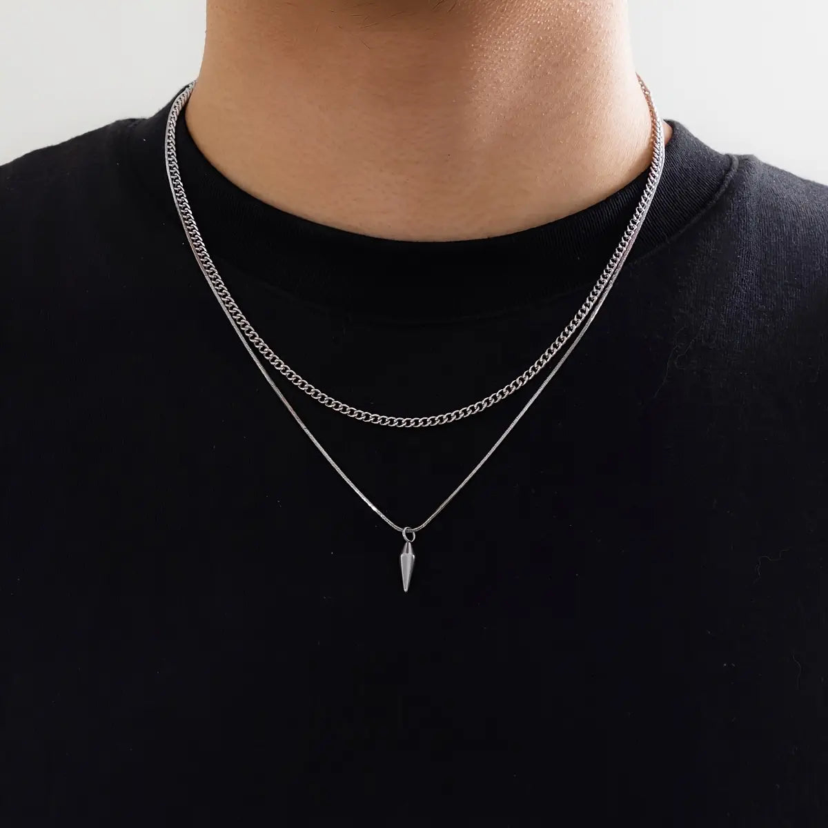 Minimalist Men's Stainless Steel Layered Necklace Hip Hop Style Chic Pointed Cone Pendant, Double Layer Silvery Adjustable Necklace Party Birthday Wedding Engagement Anniversary Jewelry