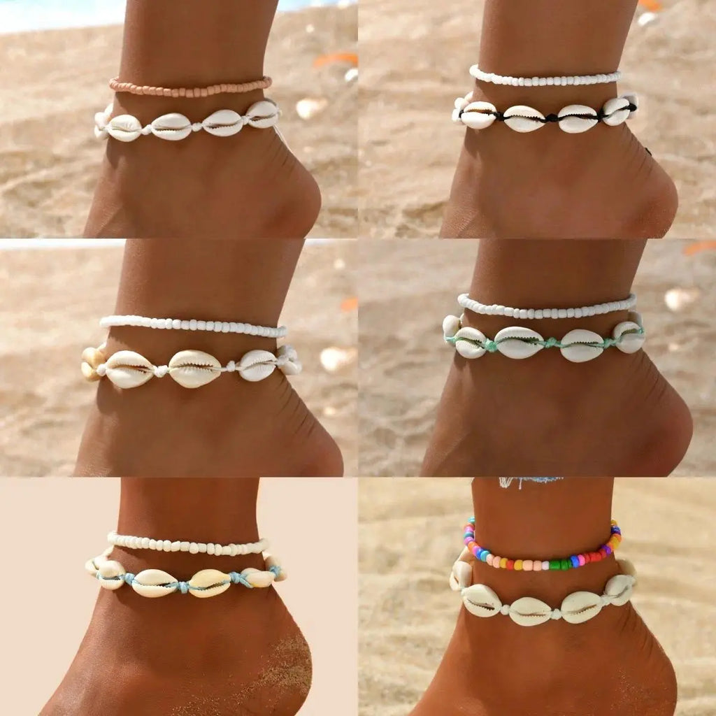 2PCS Bohemia Natural Shell Anklets For Women Small Resin Beads Summer Beach Shell Barefoot Ankle Bracelet Leg Chain Foot Jewelry