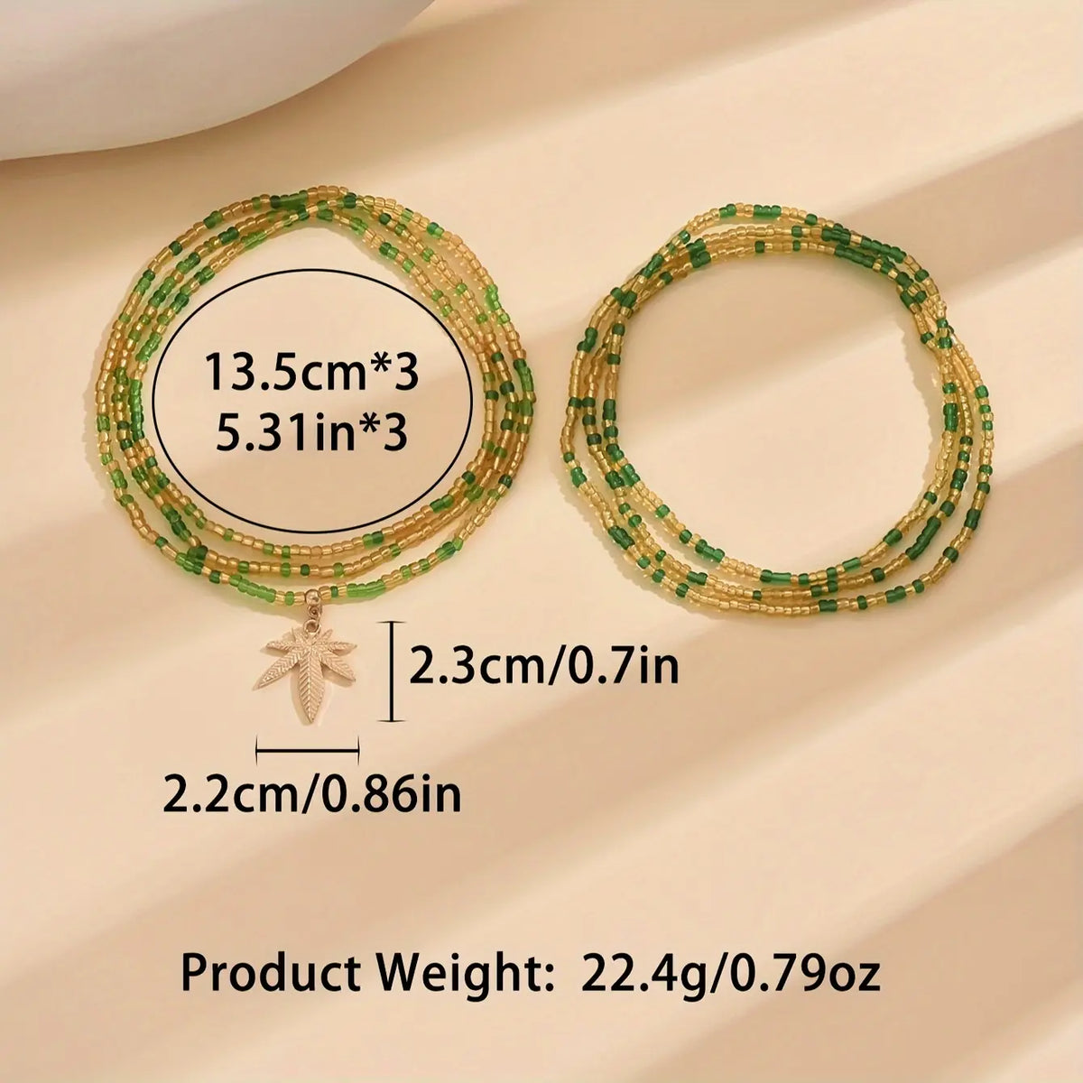 2Pcs Maple Leaf Pendant Anklet Set, Bohemian Colorful Beads Stackable Ankle Bracelet, Green Beads Multi-layer Mini Seed Beads Elastic Foot Chain Bracelet, Vacation Travel Summer Beach Foot Bracelet Jewelry