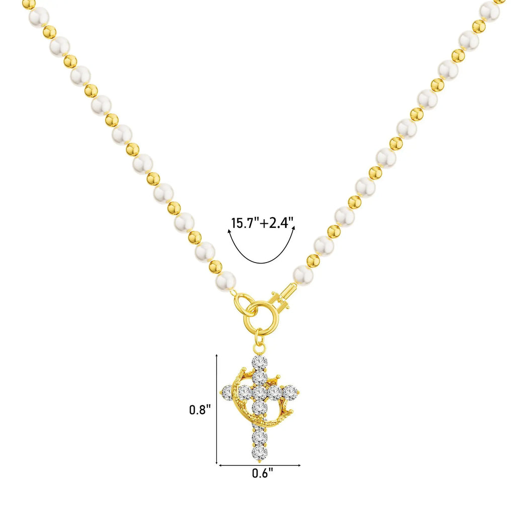 Tewiky Gold Pearl Beaded Crown Cross Necklace for Women, 4mm Pearls 3mm Beads Dainty Layered Style Jewelry Gift For Easter Back To School