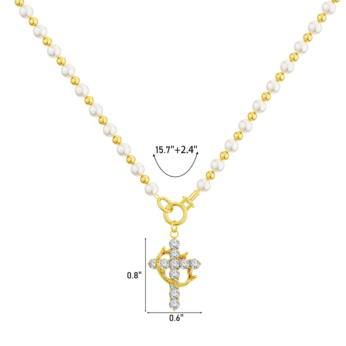 Tewiky Gold Pearl Beaded Crown Cross Necklace for Women, 4mm Pearls 3mm Beads Dainty Layered Style Jewelry Gift For Easter Back To School
