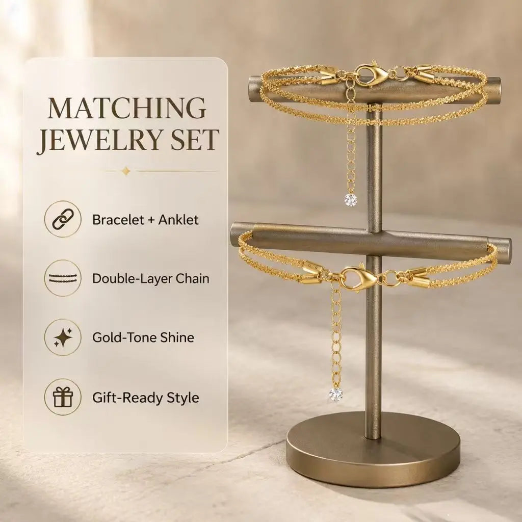 Women’s double-layer shiny gold anklet—an exquisite, waterproof, adjustable piece for simple everyday wear; a jewelry gift.