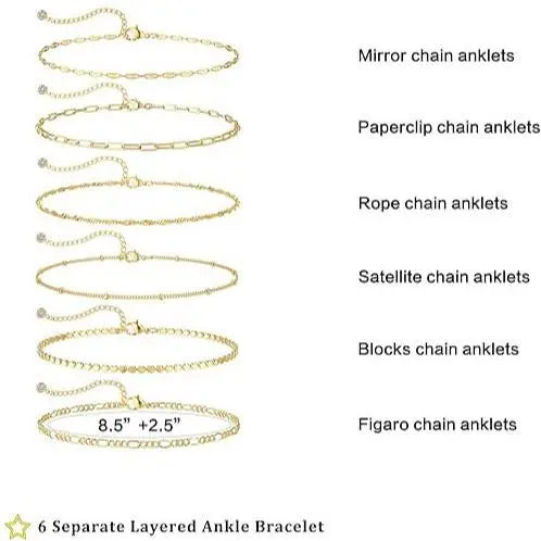 FOXGIRL Women's Waterproof All Day Adjustable Size Anklet Set (6PCS) - Herringbone Chain, Box Chain, Cuban Link, Paperclip Bead, Figaro Link Dainty Costume Jewelry for Summer Beach