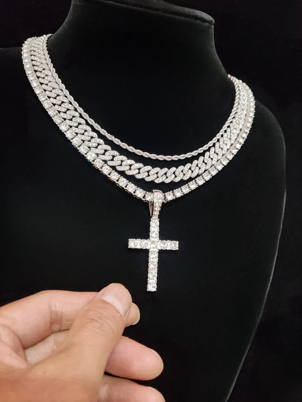 Summer Hip-Hop Style Rhinestone Decor Cuban Link Chain & Cross Charm Necklace Set for Men & Women, Punk Style Exquisite Trendy Iced Out Jewelry, Rhinestone Decorated Necklace, Ideal Gift