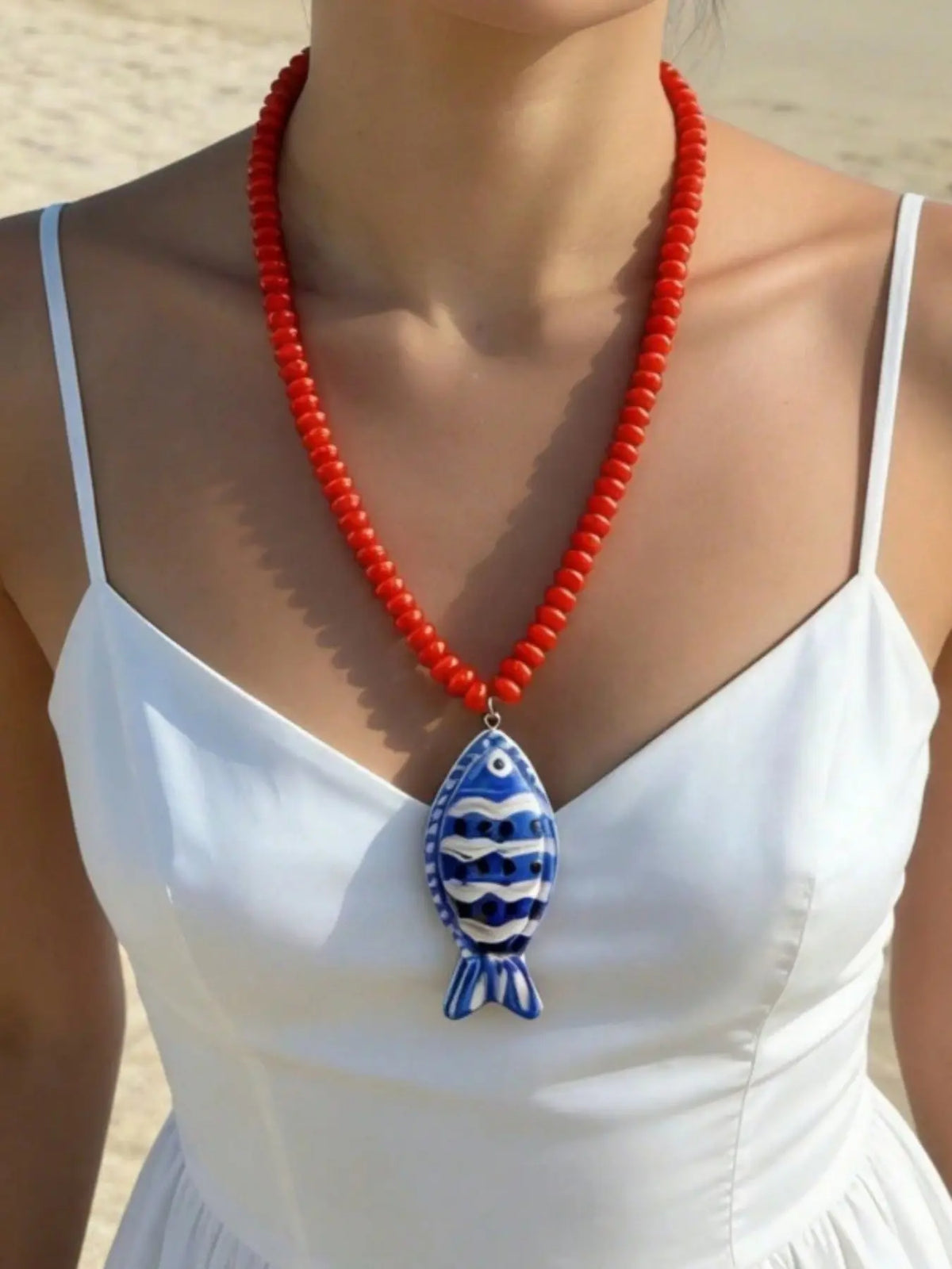 ZA Women's Handpainted Fish Pendant Beaded Necklace, Boho Necklaces, Multicolor Bohemian Ocean Style, Summer Beach.