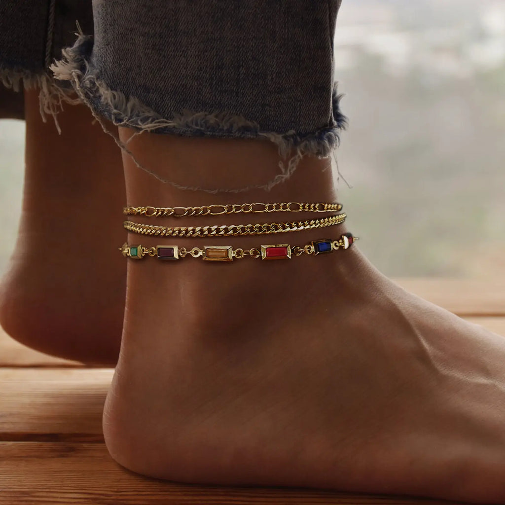 Pancert Women's 3-Layer Metal Coating Anklets - Cuba, Figaro, Golden Pearl Designs, 21cm+4cm Extender, Tarnish Proof Jewelry, Anklets for Women