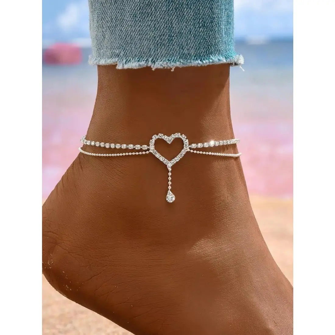 Elegant Heart Rhinestone Gems Anklet for Women - Stainless Steel Chain Foot Jewelry with Rhinestone Accents, Light Luxury Casual Style, Ideal for Daily Wear, Beach Date Night Gift, Wearable Jewelry,sohochic