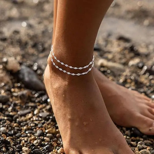 FREEKISS Women's Ankle Bracelet Exquisite Waterproof Multi-Layer Anklet Fashionable Waterproof Summer Jewelry Gift Rhodium Plated