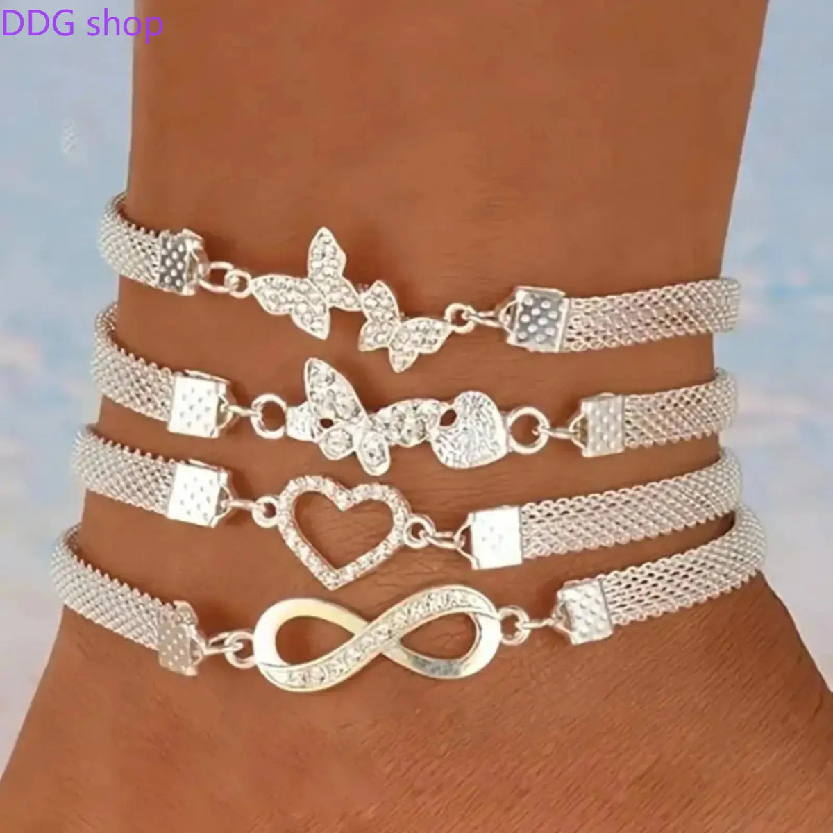 4Pcs Shiny Stackable Anklet Set for Women, Elegant Butterfly & Heart Design with Synthetic Zirconia, Fashion Chain Foot Jewelry, Versatile Daily Wear Accessory & Perfect Gift