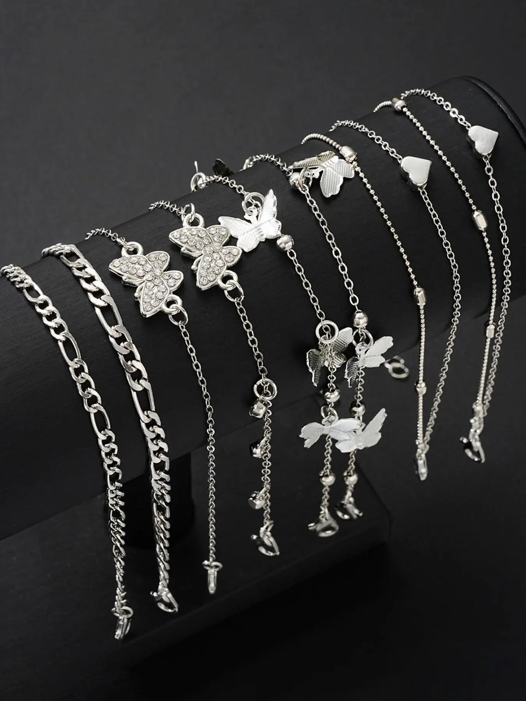 Women Butterfly Design Heart Anklet Set, 8-Piece Simple Fashion Jewelry, Gift Ready Perfect Gift for Parties & Daily Wear, Ideal for Dating & Vacation, Trendy Jewelry, Wearable Jewelry, Jewellery