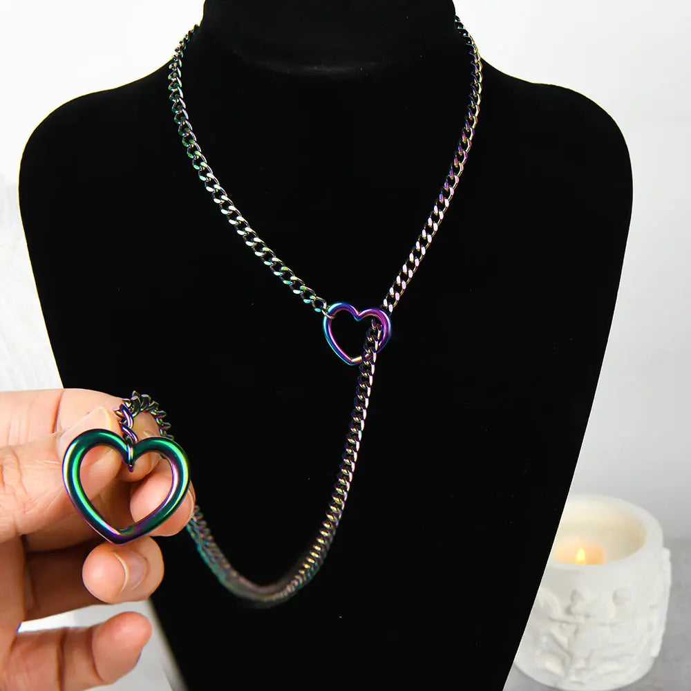 Women's Heart-Shaped Aesthetic Punk Rock Cuban Sliding Chain Necklace - Adjustable O-Shaped Lasso Y-Style, Customizable Elegant Fit Fashion Jewelry Accessories, Sweet Necklaces for Everyday Wear or Gifting,sohochic
