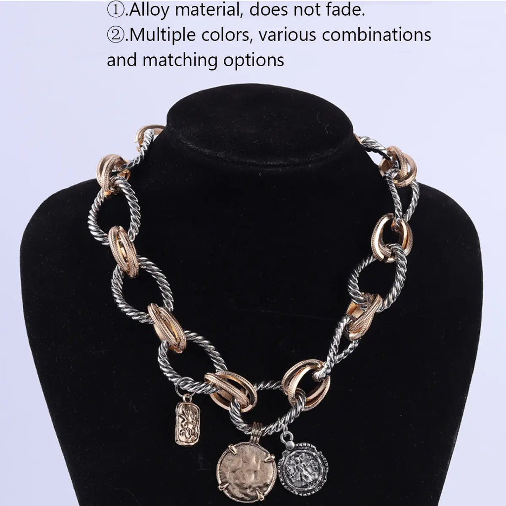 Unisex Vintage Alloy Coin Pendant Necklace - Casual Fashionable Jewelry Accessories, Choose Gold/Silver Clips, Matelasse Chain, Personalized Costume Jewelry, Ideal for Daily Wear & Summer Events, Vintage Metal Look Fit
