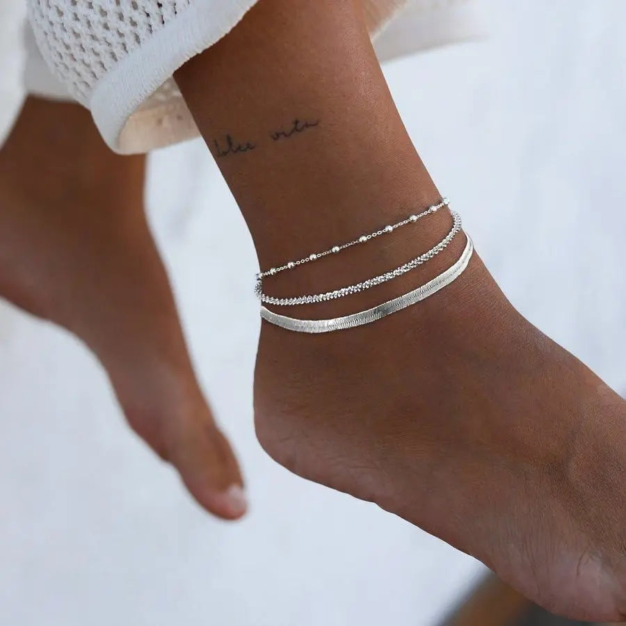 Tewiky Women's Silver Ankle Bracelet Set - Dainty Layered Waterproof Herringbone & Beaded Rope Chains, Adjustable Stackable Summer Beach Accessories, Perfect Beach Gift, Gifts for Women