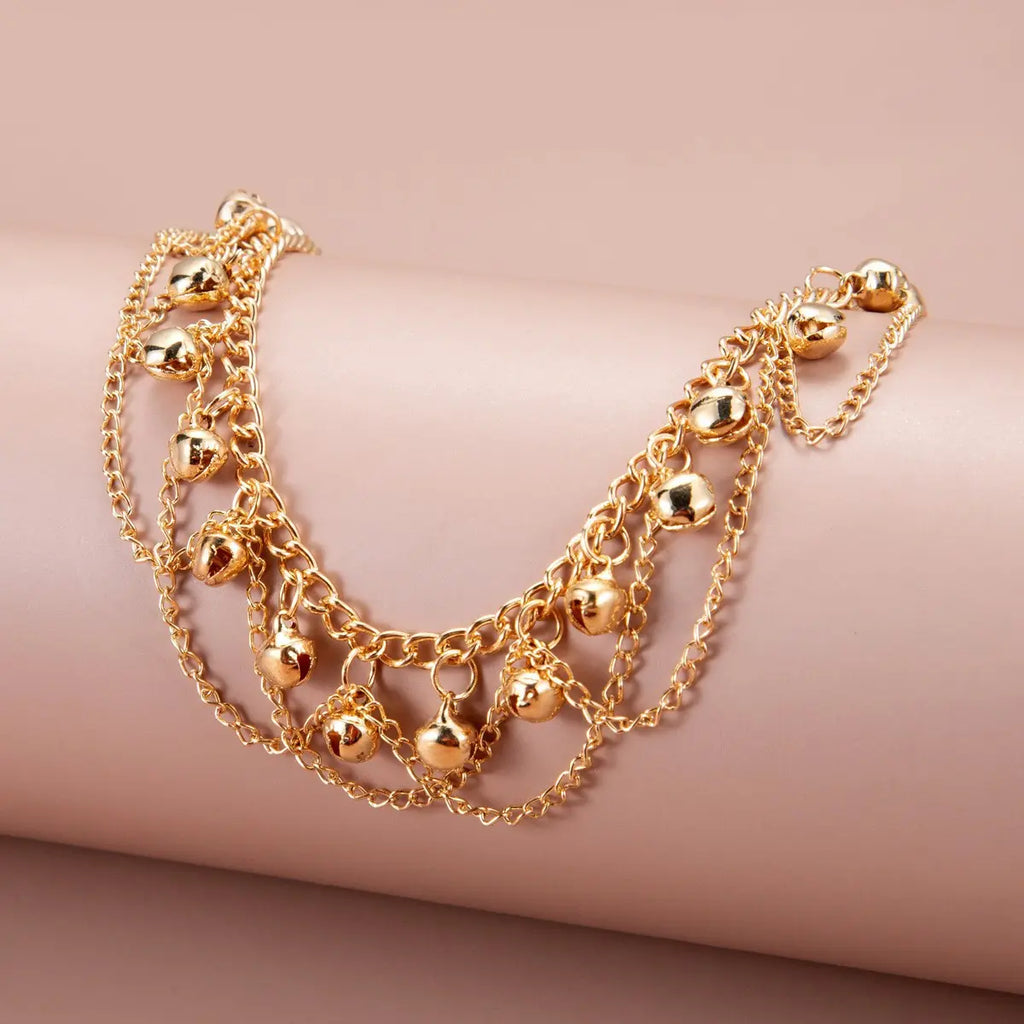 Women's Vintage Multi-layer Bell Pendant Anklet - Female Bohemian Jewellery, Tassels, Lightweight Artificial Gemstone Beach Foot Accessory, Sweet Boho Gift Idea