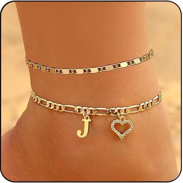 Women's Initial Heart Charm Anklet - Adjustable Gold-Plated Waterproof Anklets for Women with Gold Accents, Ideal for Summer Beach Wear or Romantic Gifting, Gold Accents Anklets