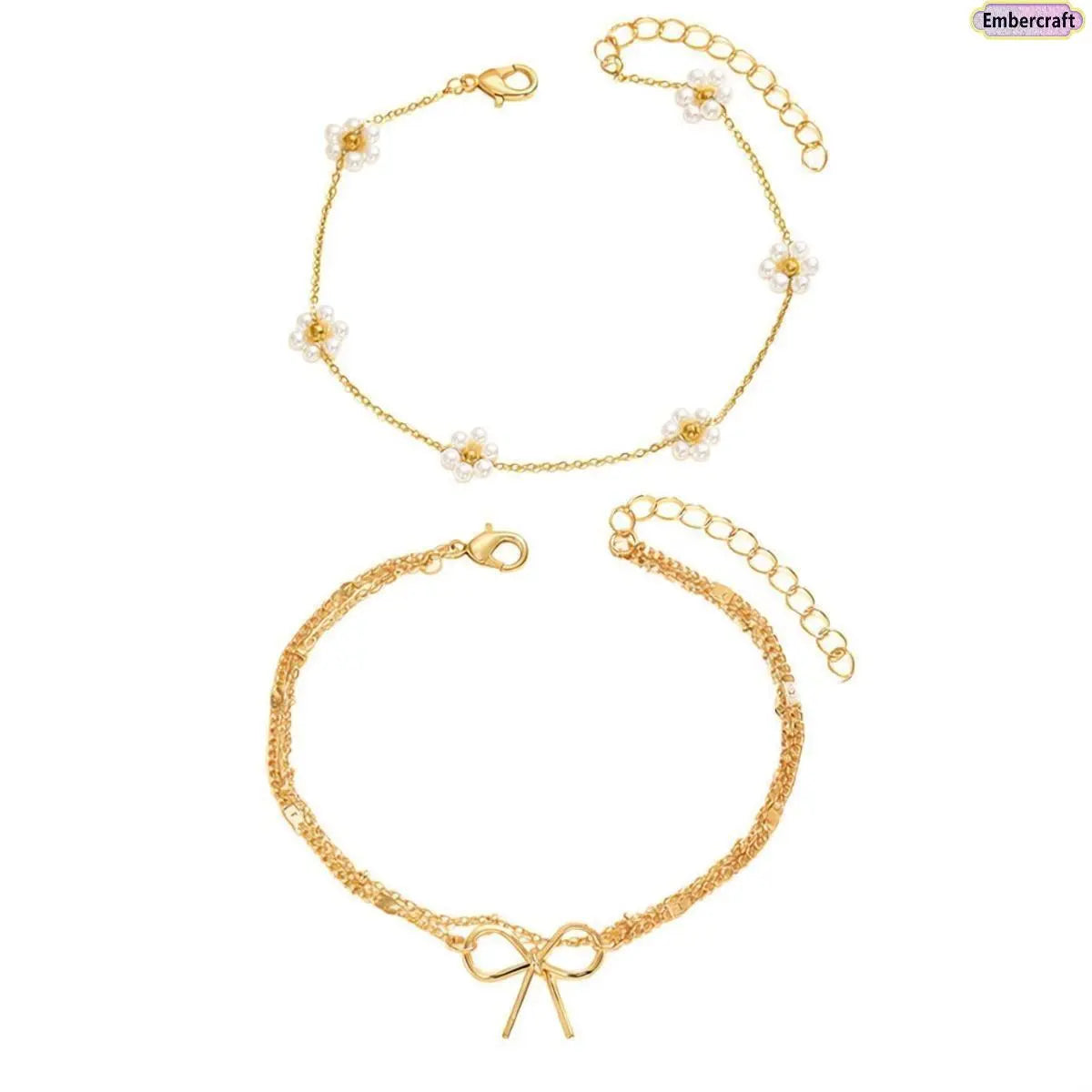 Women's Pearl Flower Layered Bow Charm Anklet Set - Trendy Fashionable Accessories, Aesthetic Anklets for Summer Beach Vacation & Daily Wear