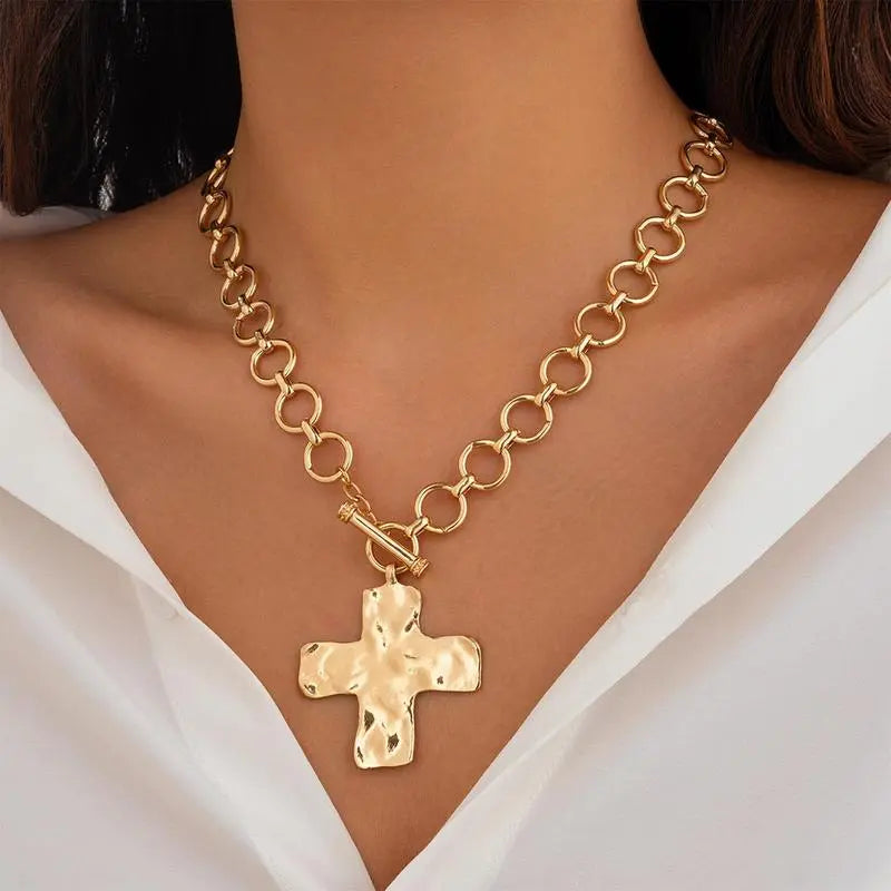 Loyalove 14K Gold Plated Chunky Cross Necklace for Women Statement Cross Pendant Necklace Layered Hammered Bold Cross Necklace Vintage Toggle Clasp Necklace Jewelry For Easter Gift