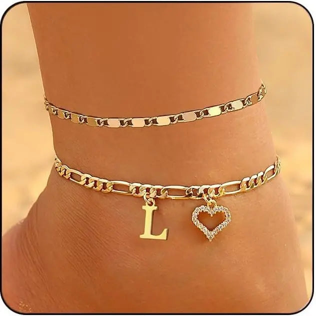 Women's Initial Heart Charm Anklet - Adjustable Gold-Plated Waterproof Anklets for Women with Gold Accents, Ideal for Summer Beach Wear or Romantic Gifting, Gold Accents Anklets
