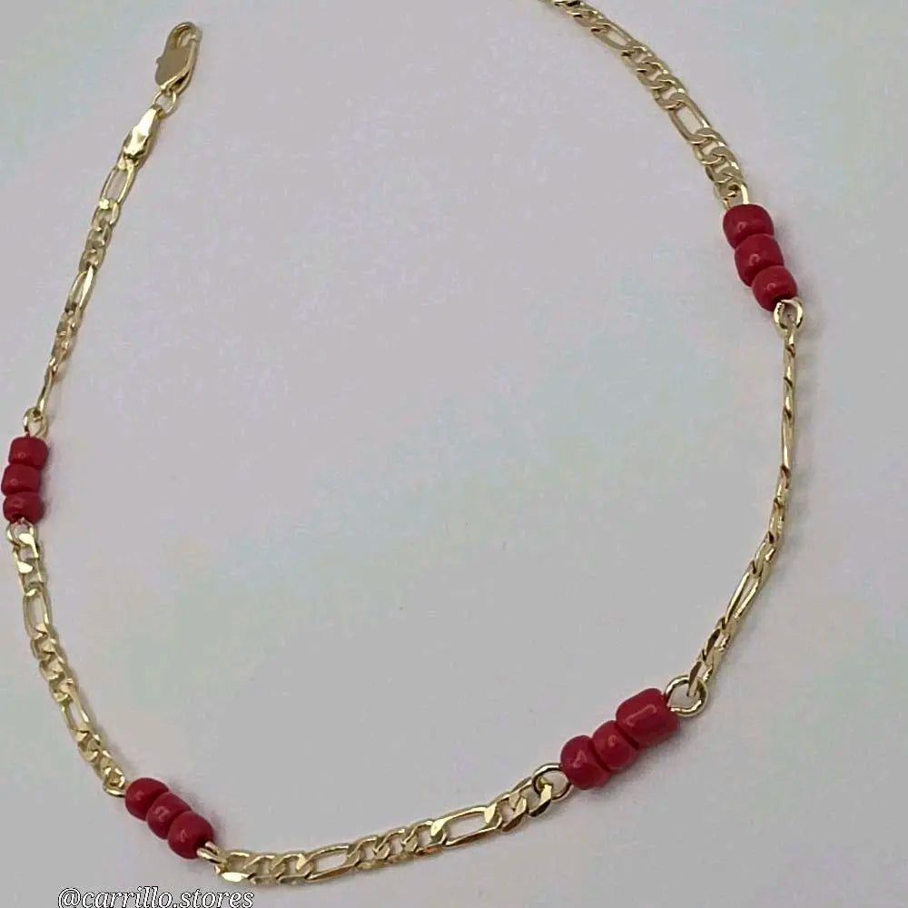 Ankle bracelet fashion style with red beads  protection figaro link 8 to 11 inches GOLD-PLATED Anklet