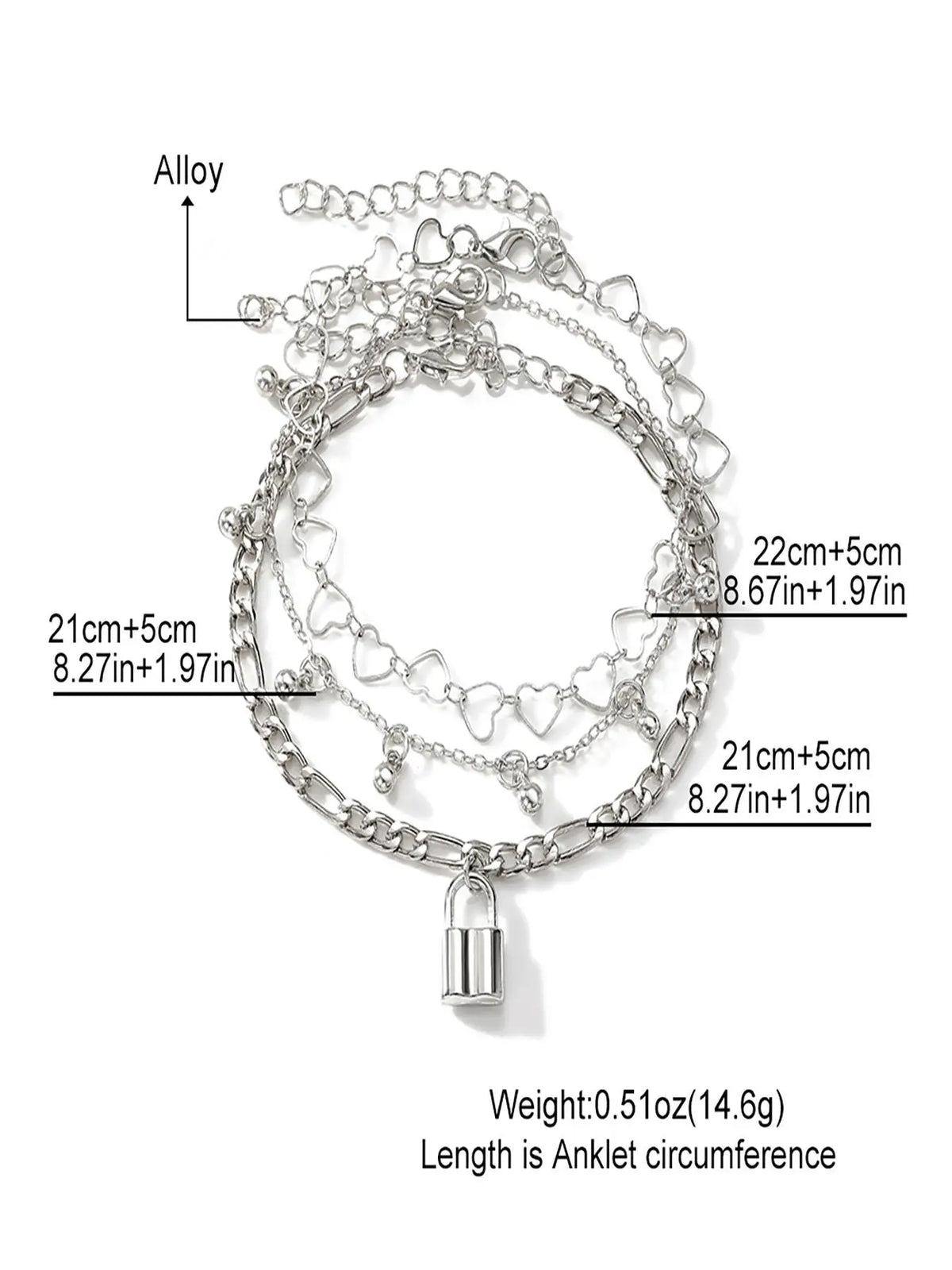 3pcs/set Women's Fashion Hollow Out Heart Lock Charm Anklet, Casual Trendy Multilayer Anklet, Dainty Layered Anklet, Layered Anklet, Body Jewelry, Foot Jewelry For Women & Girls, Fashionable Jewelry, Fashionable Accessory, Fashion Cool Accessories