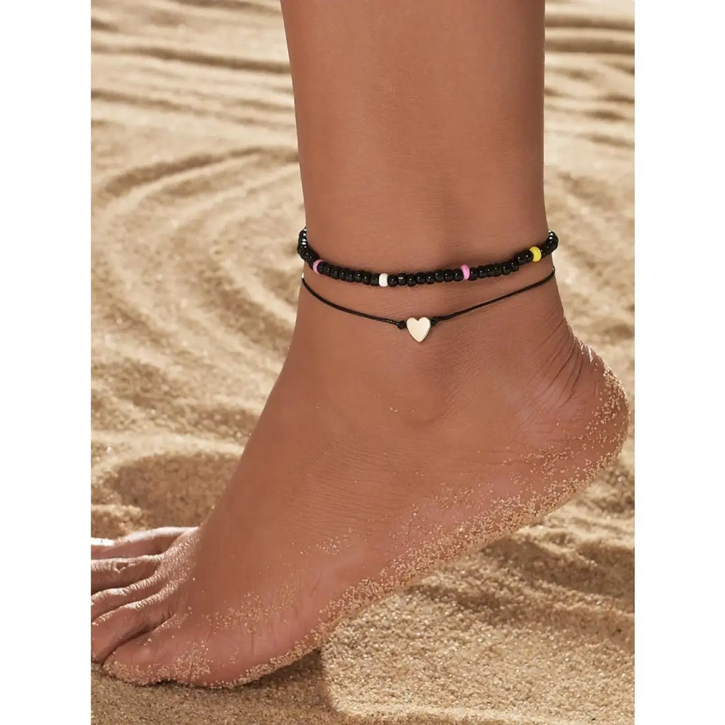 Women's Elastic Leather Anklets - Foot Jewelry with Elegant Heart Charm, One Size Fits All Fashion Accessories for Everyday Wear and Parties,sohochic