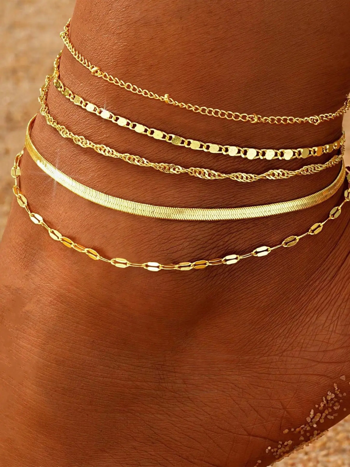5pcs/Set Gold Multilayer Bohemian Style Snake Chain & Lotus Chain Anklet Bracelet Set, Adjustable Bohemian Aesthetic Summer Beach Trendy Jewelry, Boho Anklet Foot Jewelry
