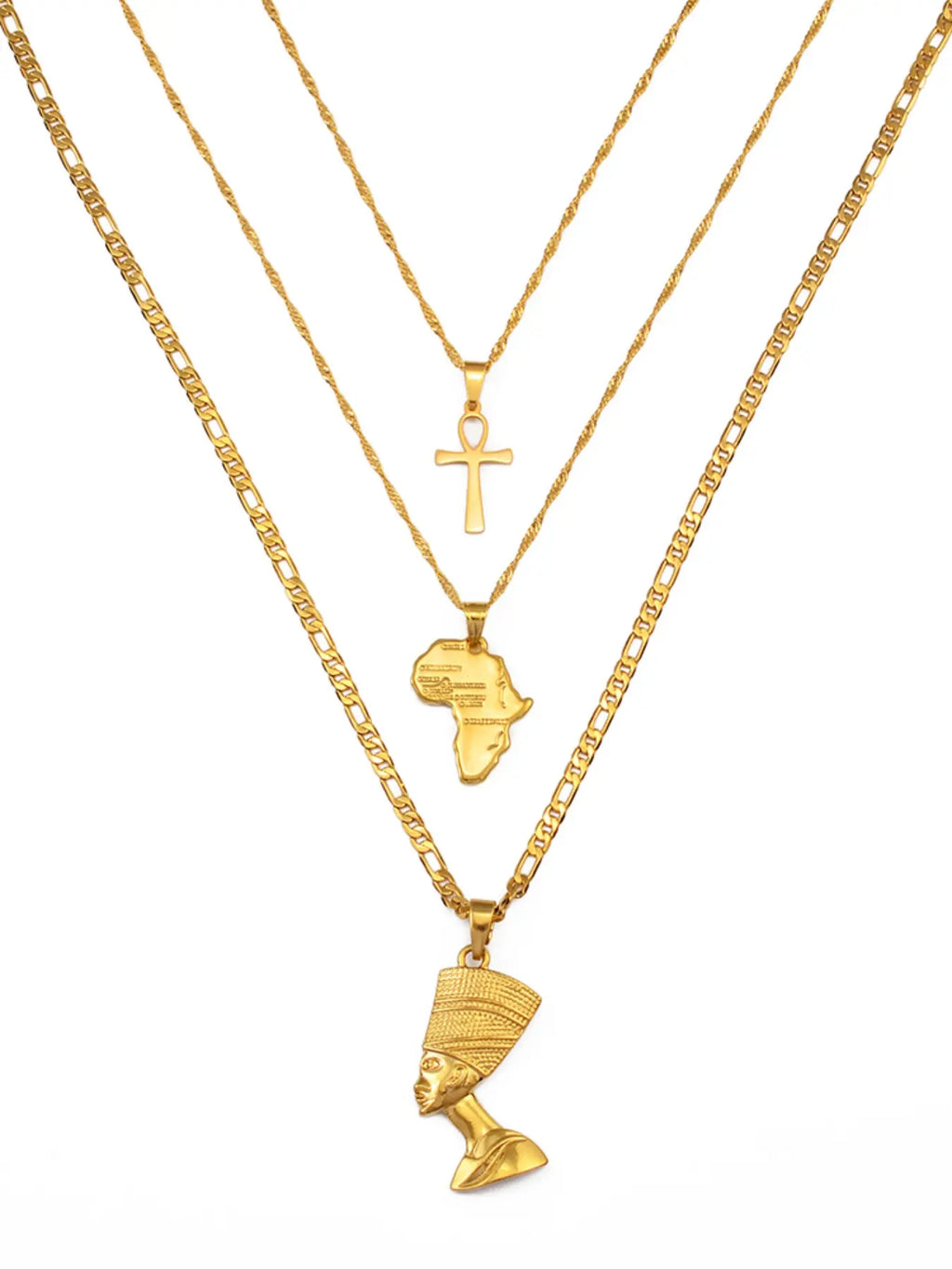 3pcs Necklaces Together Ankh Nefertiti Africa Map Pendant Gold/Silver Color Birthday Party Ethnic Jewelry Women Assorted Necklaces