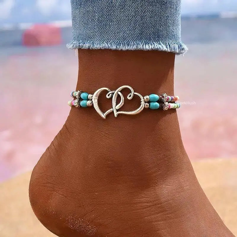 Women's 3pcs Slim Lightweight Boho Beaded Heart Multi-Layer Anklet Set - Adjustable Universal Fit, Female Outdoor Sports Accessory with White Crystal, Dainty Beach Wear for Boho Chic Outfits, Daily Use, Birthday Gift