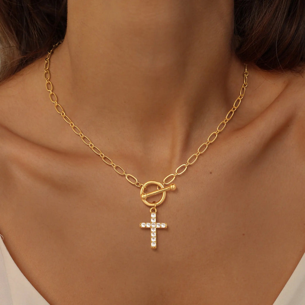 Loyalove 14K Gold Plated Charm Outdoorfun Cross Choker Necklace for Women Thick Chunky Paperclip Chain, Cuban Link Chain, Hip Hop Fashion Jewelry, Trendy Easter Gifts