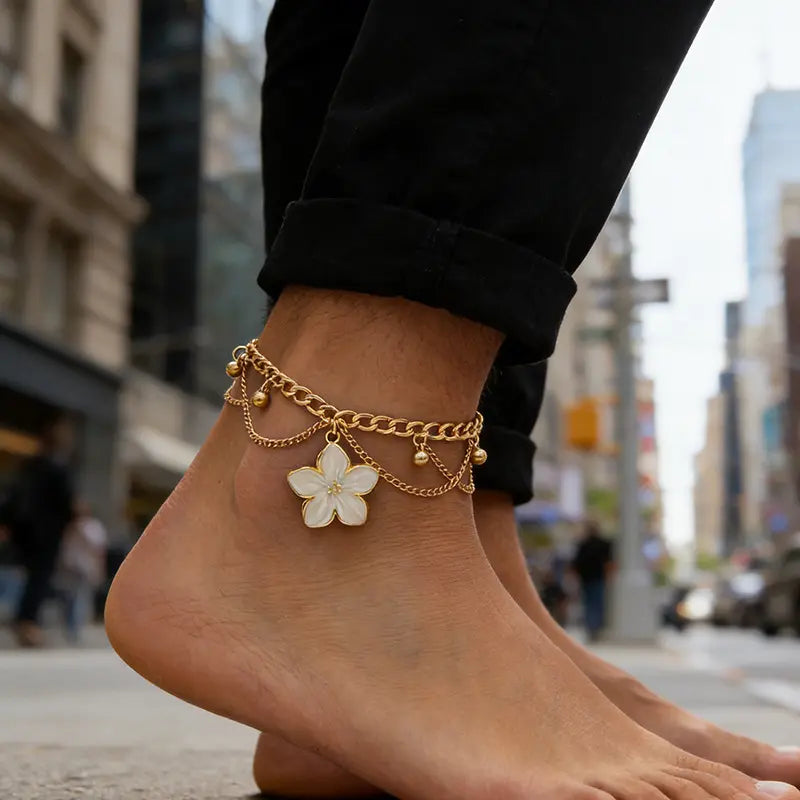 Fashion Layered Flower Charm Anklet for Women Golden Cuban Link Chain Tassel Waterproof Ankle Bracelet Adjustable Beach Vacation Foot Jewelry Summer Accessories