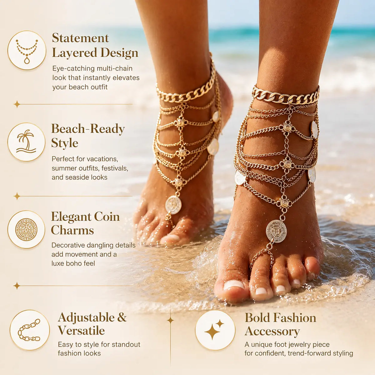 Women's Boho Layered Anklets - Retro Alloy Tassel Charm, Adjustable Fashion Accessory for Beach Parties, Birthday, Family, Romance Occasions, Portable Trendy Fashionable Jewelry