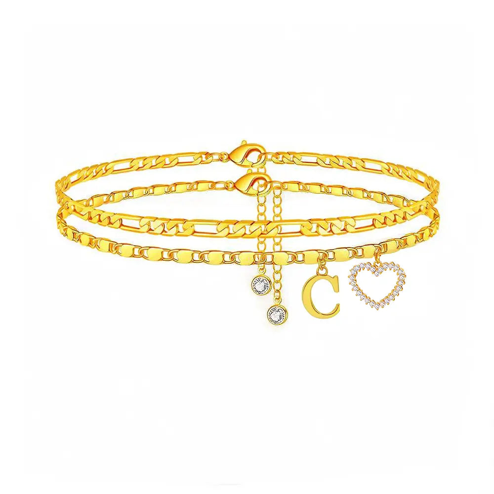 Women's Initial Heart Charm Anklet - Adjustable Gold-Plated Waterproof Anklets for Women with Gold Accents, Ideal for Summer Beach Wear or Romantic Gifting, Gold Accents Anklets