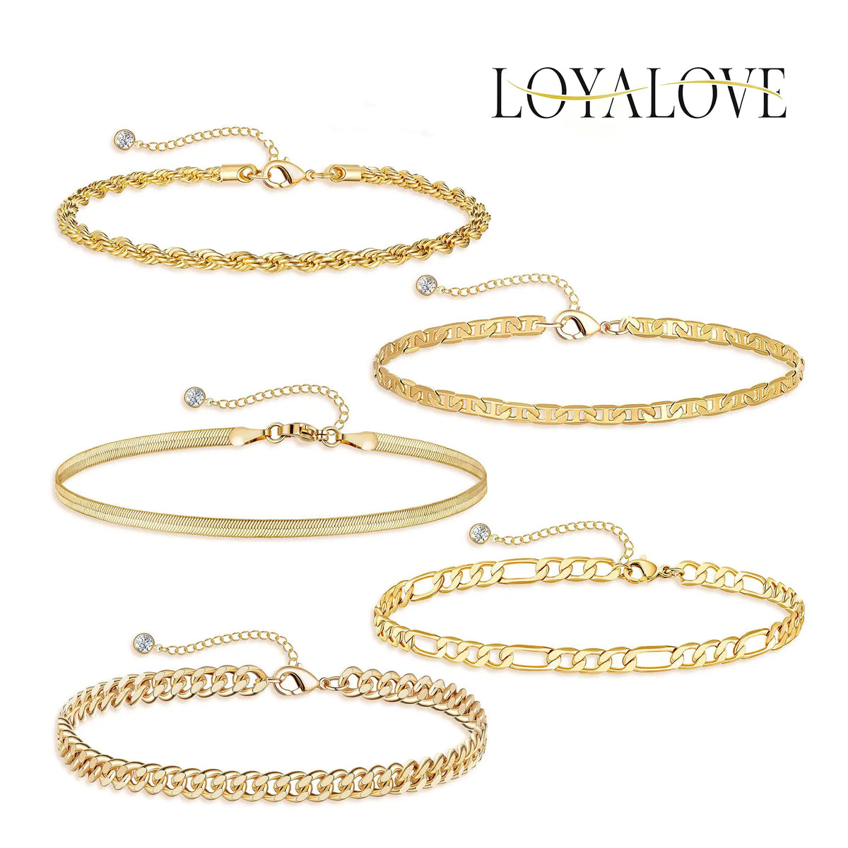 Loyalove 14K Gold Plated Ankle for Women Waterproof Dainty Cuban Link Chain Herringbone Cute Anklets Set Pack Summer Beach Jewelry Gift for Women Gift For Mother's Day