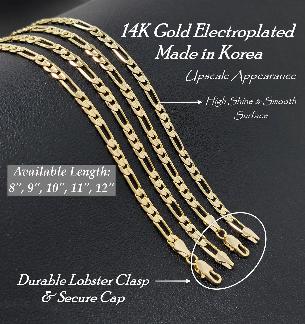 BA Unique Fashion Gold Electroplated 4.5mm Concave Figaro Chain Ankle Bracelet - Petite Size to Plus Size- Made in Korea