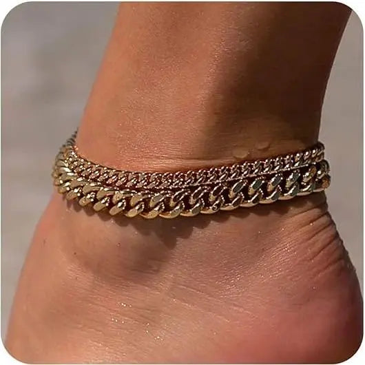 TEWIKY Women's Elegant Fashion Chic Adjustable Gold Anklet Chain - Dainty Layered Waterproof Figaro Beaded Cuban Link Trendy Jewelry Anklets for Women Summer Beach