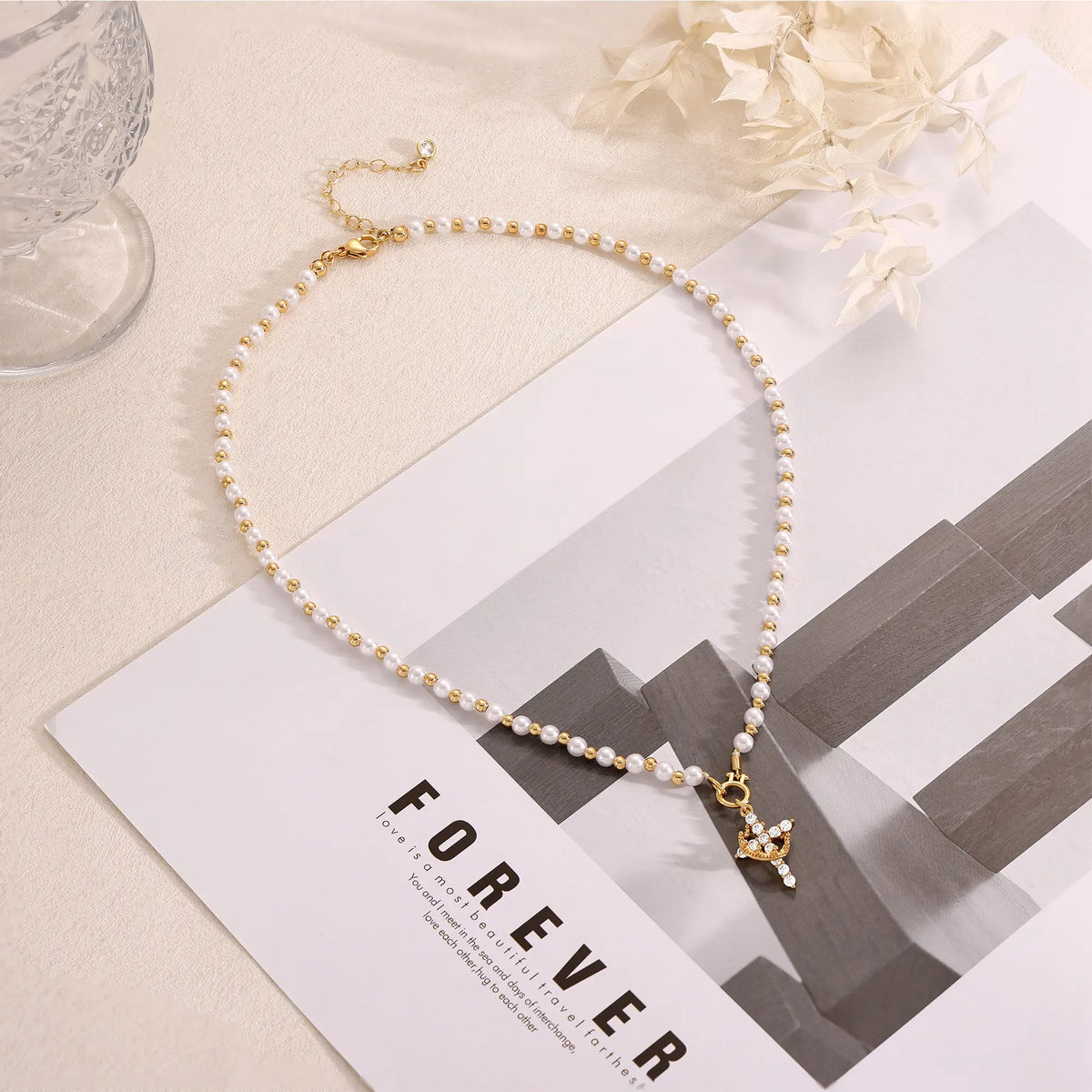 Tewiky Gold Pearl Beaded Crown Cross Necklace for Women, 4mm Pearls 3mm Beads Dainty Layered Style Jewelry Gift For Easter Back To School