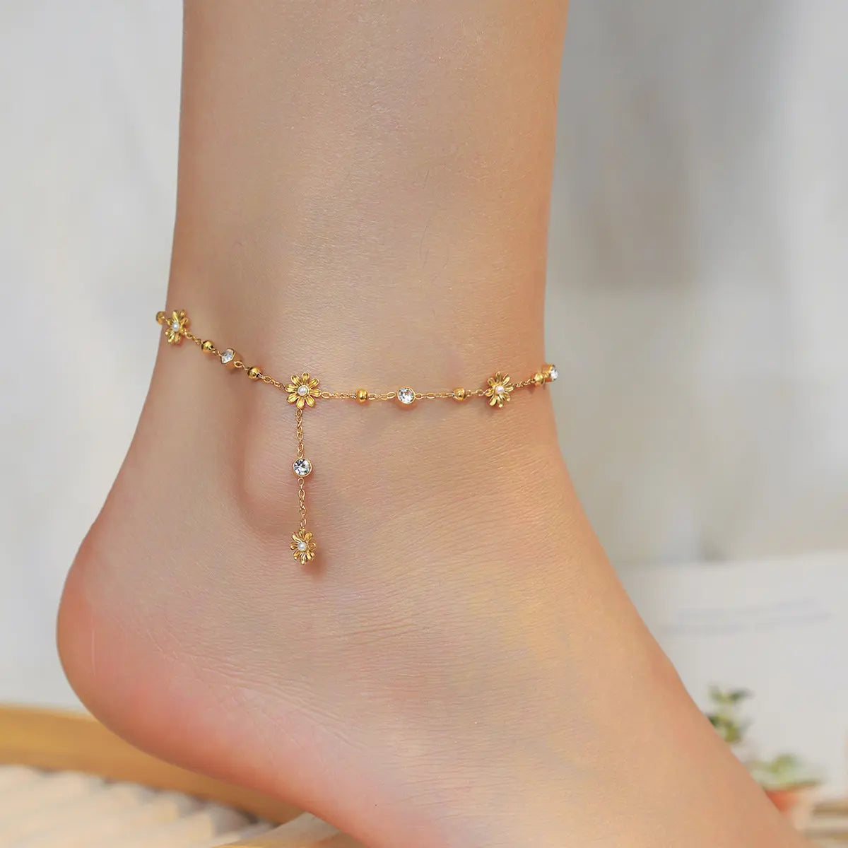 Flower Tassel Anklet, Women's Trendy Style Fashion Flower Tassel New Zircon Anklet Foot Accessories