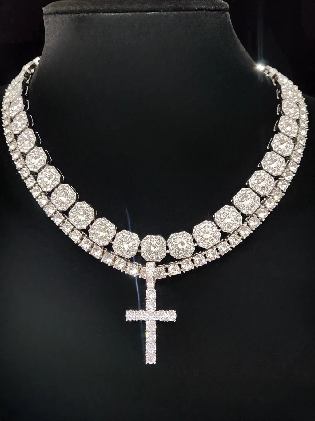 Men's Street Style Artificial Zircon Inlaid Cross Pendant & Cuban Links Chain Necklace, Fashion Jewelry for Party, Daily Decor, Trendy All-match & Exquisite Jewelry for Birthday Gift